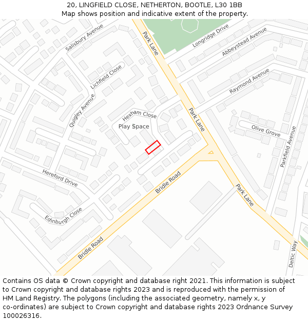 20, LINGFIELD CLOSE, NETHERTON, BOOTLE, L30 1BB: Location map and indicative extent of plot