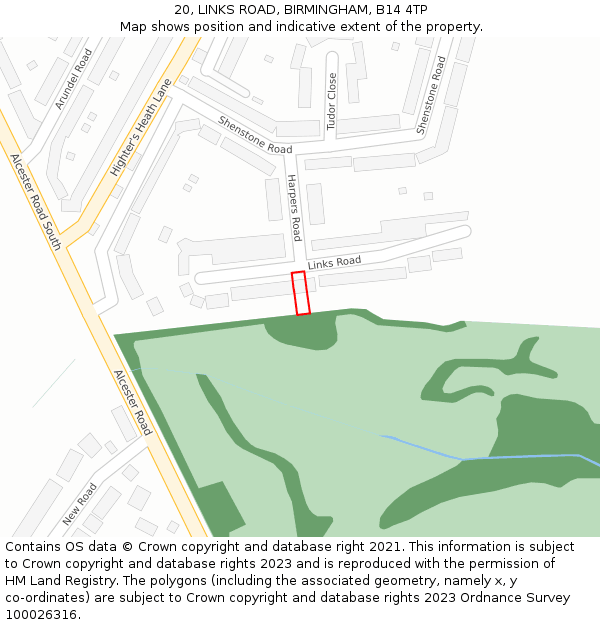 20, LINKS ROAD, BIRMINGHAM, B14 4TP: Location map and indicative extent of plot