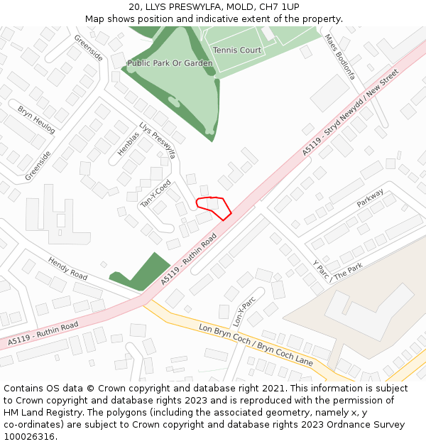 20, LLYS PRESWYLFA, MOLD, CH7 1UP: Location map and indicative extent of plot