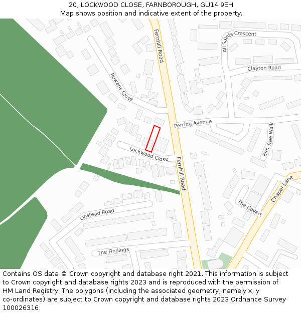 20, LOCKWOOD CLOSE, FARNBOROUGH, GU14 9EH: Location map and indicative extent of plot