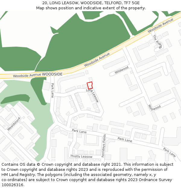 20, LONG LEASOW, WOODSIDE, TELFORD, TF7 5GE: Location map and indicative extent of plot