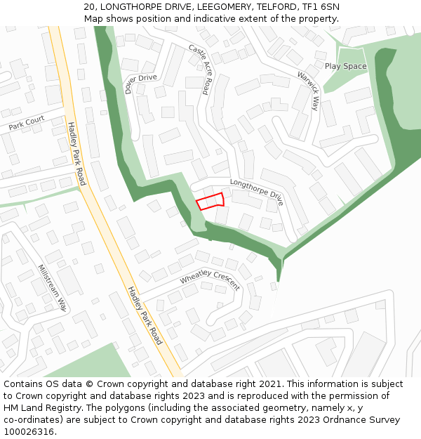 20, LONGTHORPE DRIVE, LEEGOMERY, TELFORD, TF1 6SN: Location map and indicative extent of plot