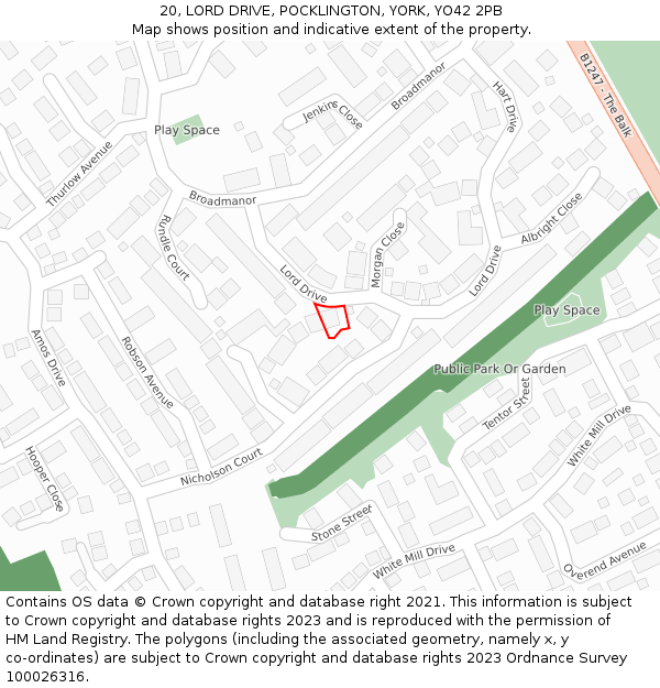 20, LORD DRIVE, POCKLINGTON, YORK, YO42 2PB: Location map and indicative extent of plot