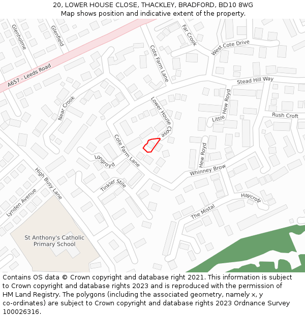 20, LOWER HOUSE CLOSE, THACKLEY, BRADFORD, BD10 8WG: Location map and indicative extent of plot