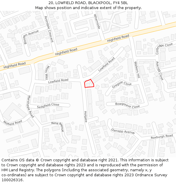 20, LOWFIELD ROAD, BLACKPOOL, FY4 5BL: Location map and indicative extent of plot