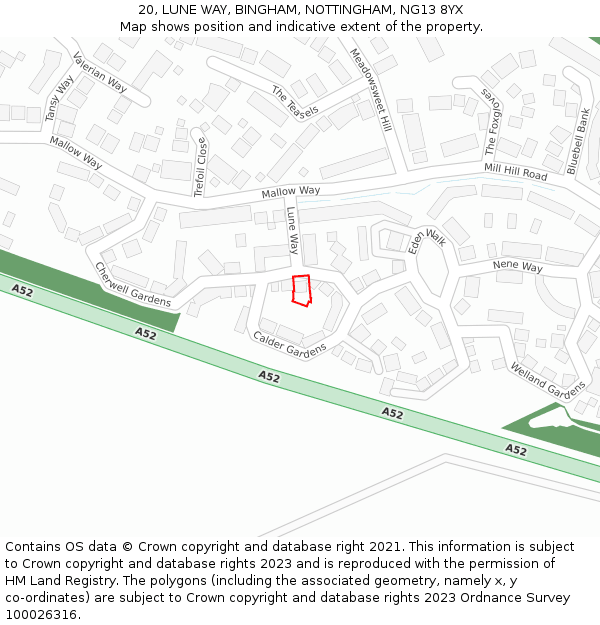 20, LUNE WAY, BINGHAM, NOTTINGHAM, NG13 8YX: Location map and indicative extent of plot