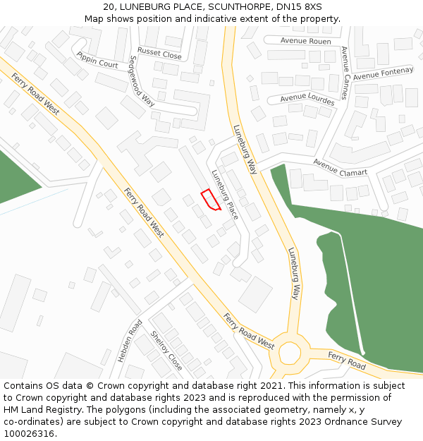 20, LUNEBURG PLACE, SCUNTHORPE, DN15 8XS: Location map and indicative extent of plot