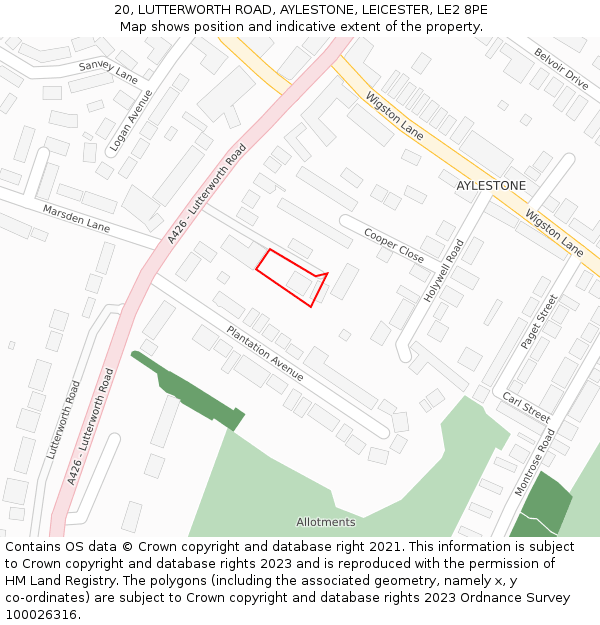 20, LUTTERWORTH ROAD, AYLESTONE, LEICESTER, LE2 8PE: Location map and indicative extent of plot