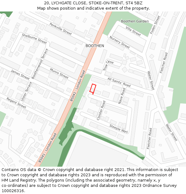 20, LYCHGATE CLOSE, STOKE-ON-TRENT, ST4 5BZ: Location map and indicative extent of plot