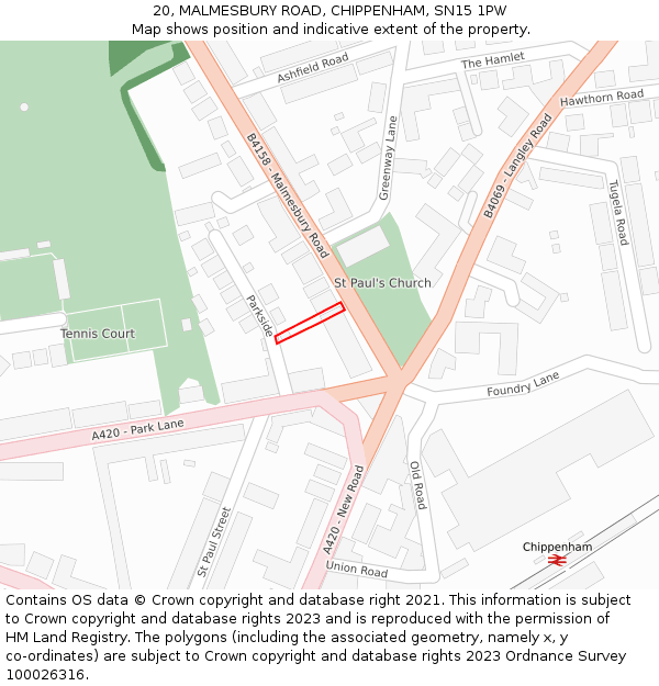 20, MALMESBURY ROAD, CHIPPENHAM, SN15 1PW: Location map and indicative extent of plot