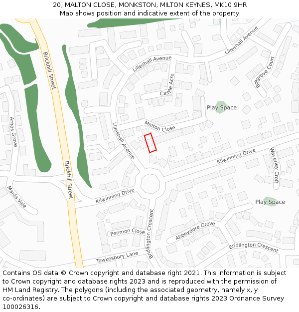 20, MALTON CLOSE, MONKSTON, MILTON KEYNES, MK10 9HR: Location map and indicative extent of plot