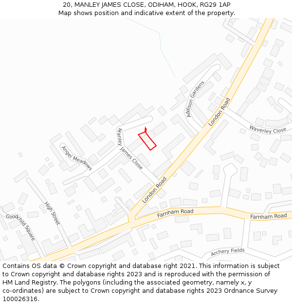 20, MANLEY JAMES CLOSE, ODIHAM, HOOK, RG29 1AP: Location map and indicative extent of plot