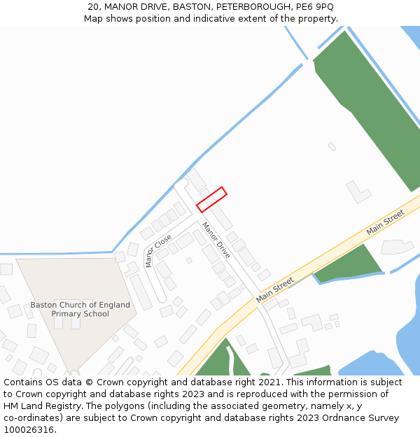 20, MANOR DRIVE, BASTON, PETERBOROUGH, PE6 9PQ: Location map and indicative extent of plot