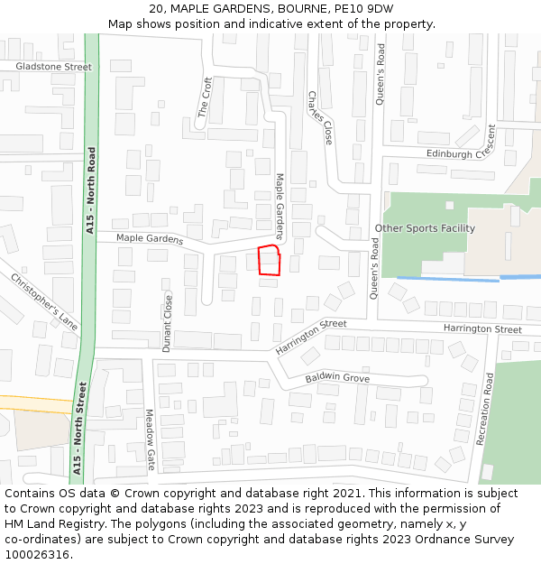 20, MAPLE GARDENS, BOURNE, PE10 9DW: Location map and indicative extent of plot