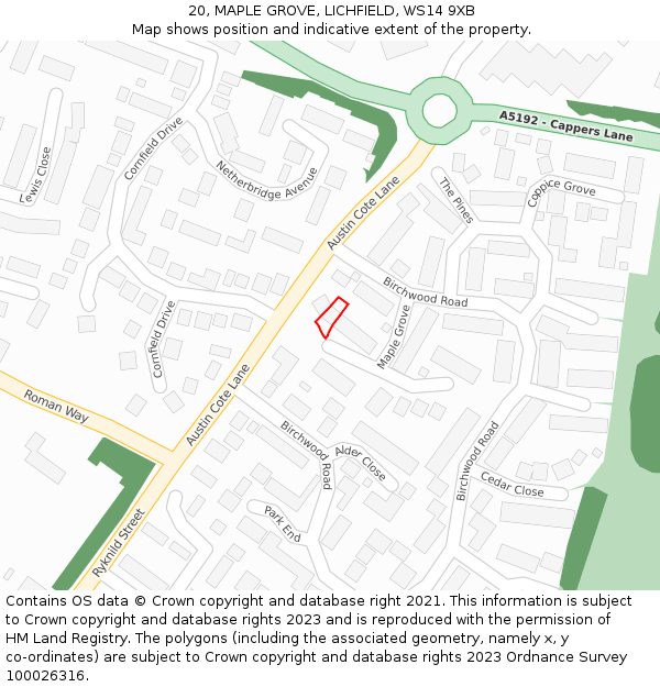 20, MAPLE GROVE, LICHFIELD, WS14 9XB: Location map and indicative extent of plot