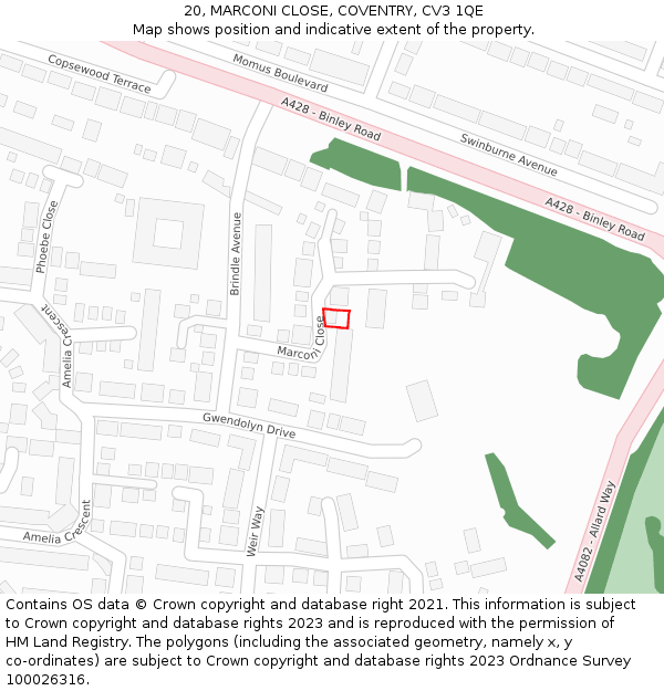 20, MARCONI CLOSE, COVENTRY, CV3 1QE: Location map and indicative extent of plot