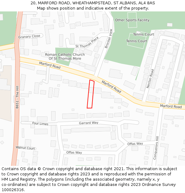 20, MARFORD ROAD, WHEATHAMPSTEAD, ST ALBANS, AL4 8AS: Location map and indicative extent of plot