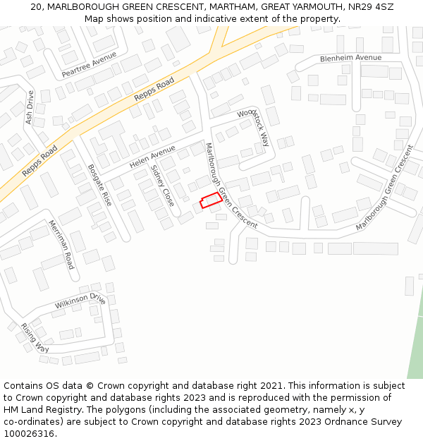 20, MARLBOROUGH GREEN CRESCENT, MARTHAM, GREAT YARMOUTH, NR29 4SZ: Location map and indicative extent of plot