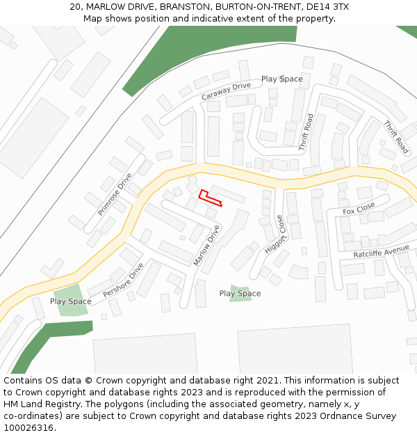20, MARLOW DRIVE, BRANSTON, BURTON-ON-TRENT, DE14 3TX: Location map and indicative extent of plot