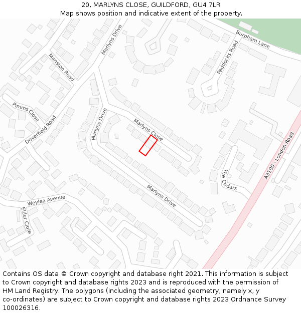 20, MARLYNS CLOSE, GUILDFORD, GU4 7LR: Location map and indicative extent of plot