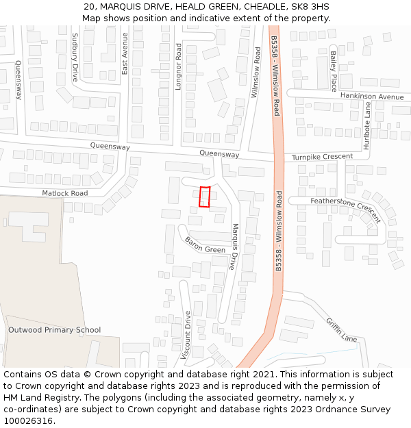 20, MARQUIS DRIVE, HEALD GREEN, CHEADLE, SK8 3HS: Location map and indicative extent of plot