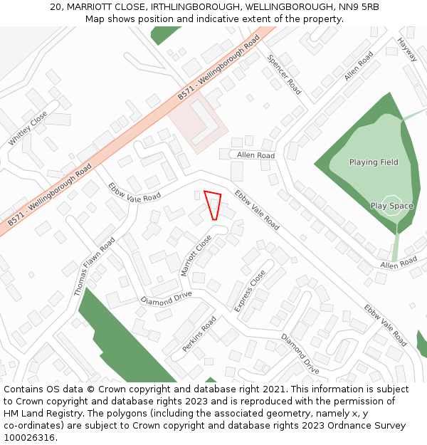 20, MARRIOTT CLOSE, IRTHLINGBOROUGH, WELLINGBOROUGH, NN9 5RB: Location map and indicative extent of plot