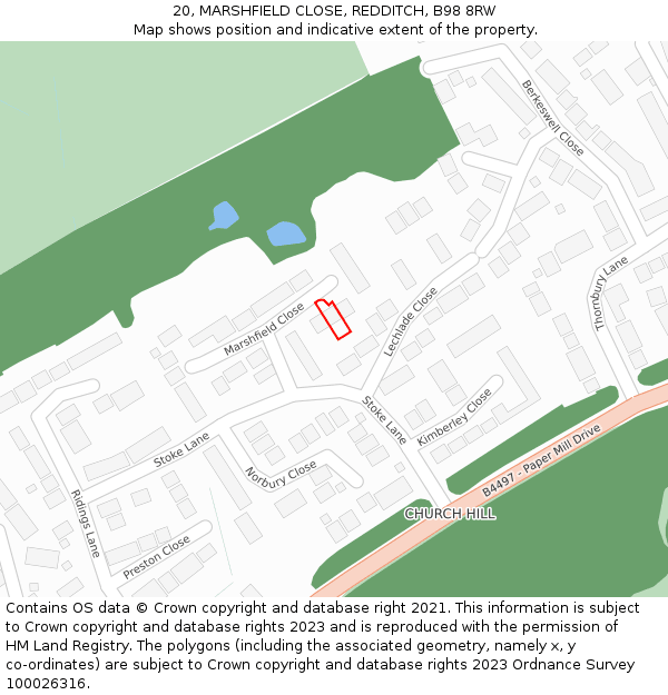 20, MARSHFIELD CLOSE, REDDITCH, B98 8RW: Location map and indicative extent of plot