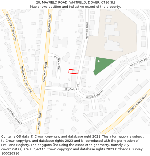 20, MAYFIELD ROAD, WHITFIELD, DOVER, CT16 3LJ: Location map and indicative extent of plot