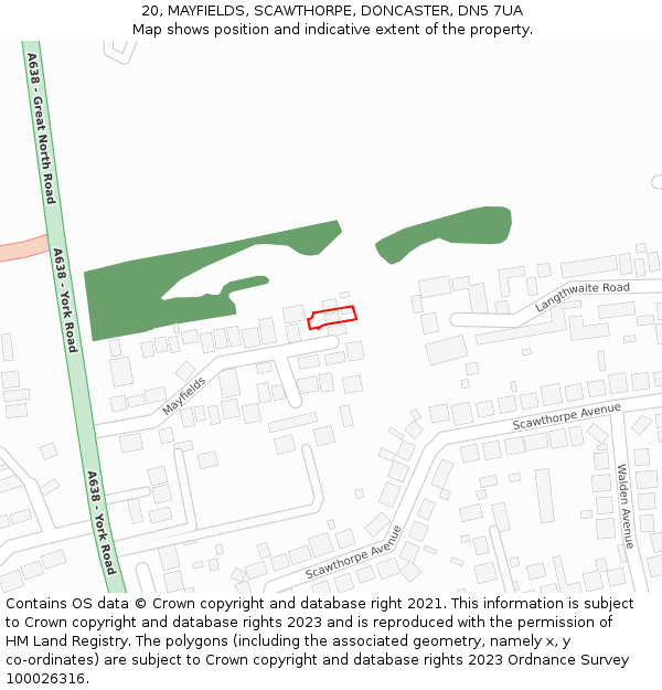 20, MAYFIELDS, SCAWTHORPE, DONCASTER, DN5 7UA: Location map and indicative extent of plot