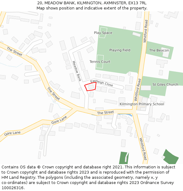 20, MEADOW BANK, KILMINGTON, AXMINSTER, EX13 7RL: Location map and indicative extent of plot