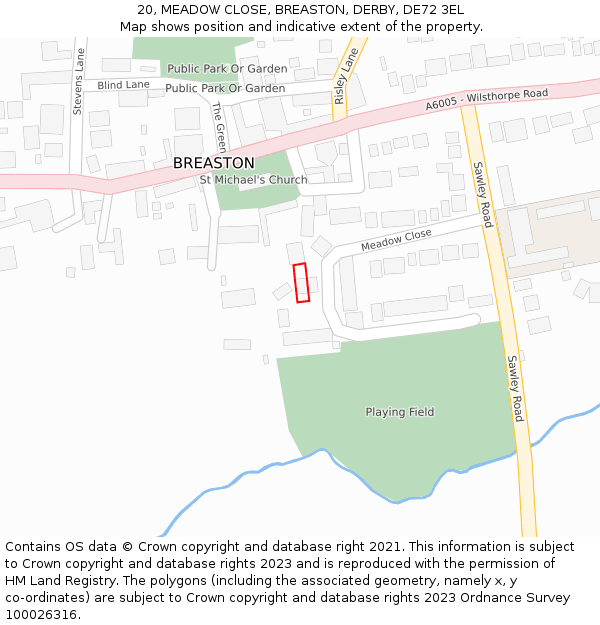 20, MEADOW CLOSE, BREASTON, DERBY, DE72 3EL: Location map and indicative extent of plot