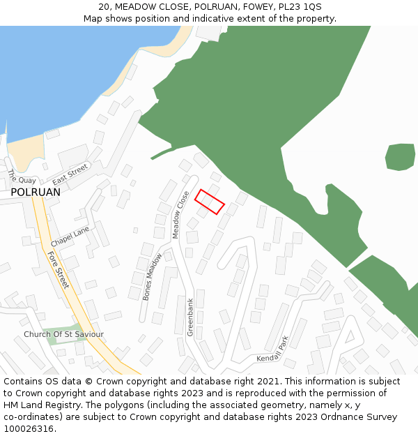 20, MEADOW CLOSE, POLRUAN, FOWEY, PL23 1QS: Location map and indicative extent of plot