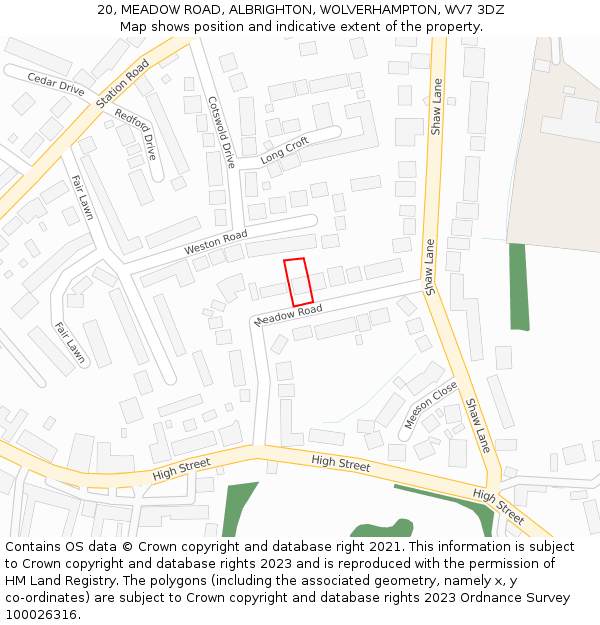 20, MEADOW ROAD, ALBRIGHTON, WOLVERHAMPTON, WV7 3DZ: Location map and indicative extent of plot