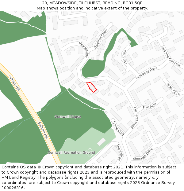 20, MEADOWSIDE, TILEHURST, READING, RG31 5QE: Location map and indicative extent of plot