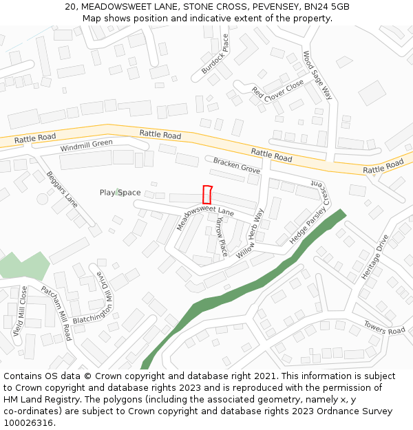 20, MEADOWSWEET LANE, STONE CROSS, PEVENSEY, BN24 5GB: Location map and indicative extent of plot