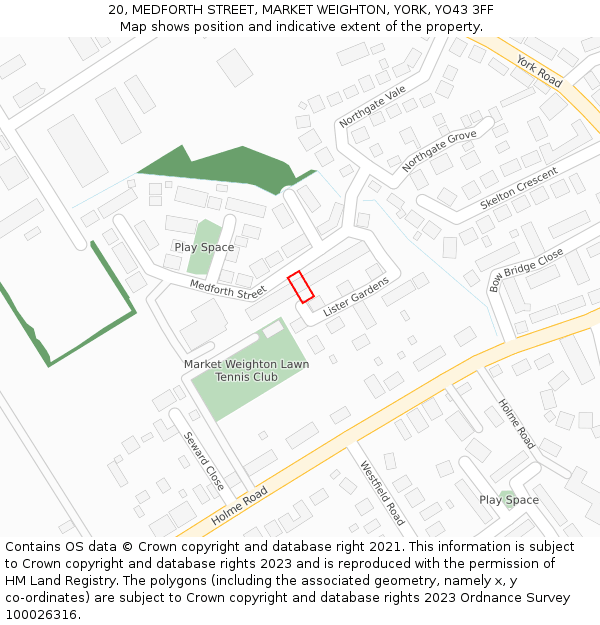 20, MEDFORTH STREET, MARKET WEIGHTON, YORK, YO43 3FF: Location map and indicative extent of plot