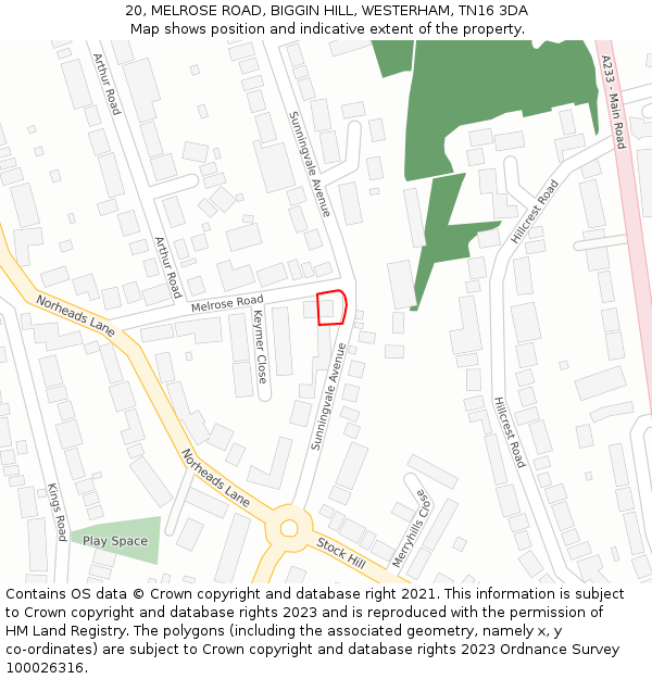 20, MELROSE ROAD, BIGGIN HILL, WESTERHAM, TN16 3DA: Location map and indicative extent of plot