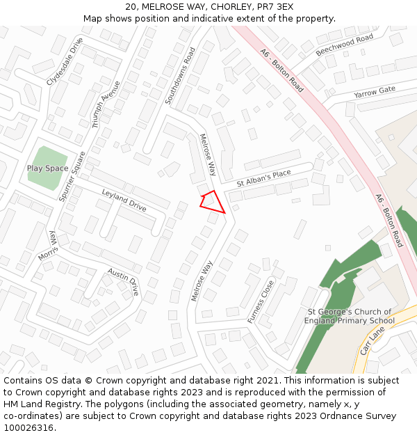 20, MELROSE WAY, CHORLEY, PR7 3EX: Location map and indicative extent of plot