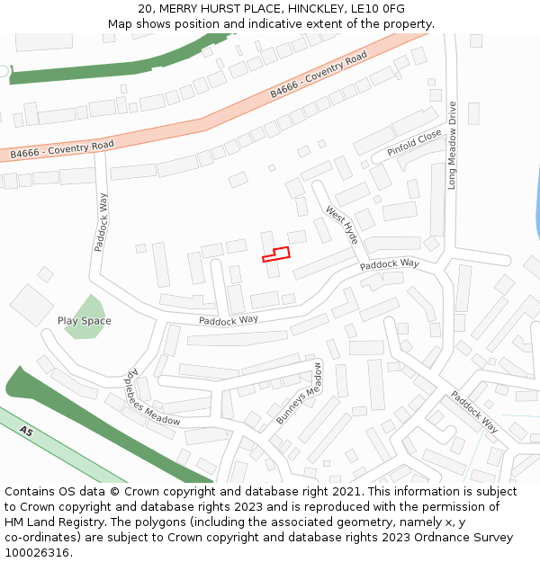 20, MERRY HURST PLACE, HINCKLEY, LE10 0FG: Location map and indicative extent of plot