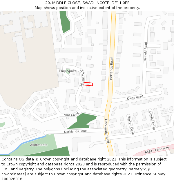 20, MIDDLE CLOSE, SWADLINCOTE, DE11 0EF: Location map and indicative extent of plot