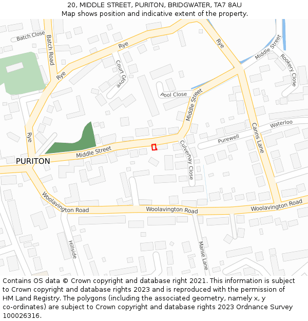 20, MIDDLE STREET, PURITON, BRIDGWATER, TA7 8AU: Location map and indicative extent of plot