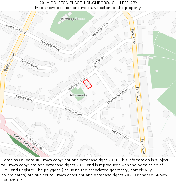 20, MIDDLETON PLACE, LOUGHBOROUGH, LE11 2BY: Location map and indicative extent of plot