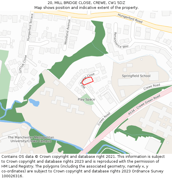 20, MILL BRIDGE CLOSE, CREWE, CW1 5DZ: Location map and indicative extent of plot