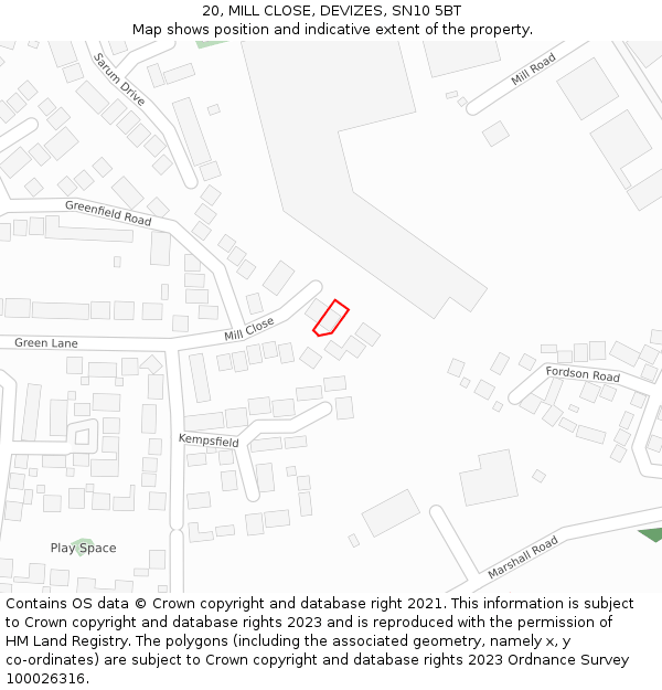 20, MILL CLOSE, DEVIZES, SN10 5BT: Location map and indicative extent of plot