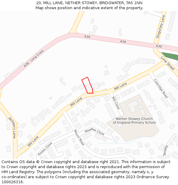 20, MILL LANE, NETHER STOWEY, BRIDGWATER, TA5 1NN: Location map and indicative extent of plot