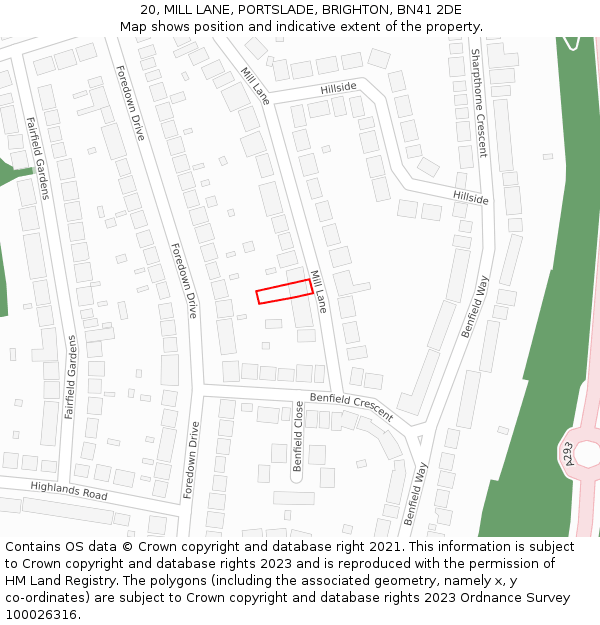 20, MILL LANE, PORTSLADE, BRIGHTON, BN41 2DE: Location map and indicative extent of plot