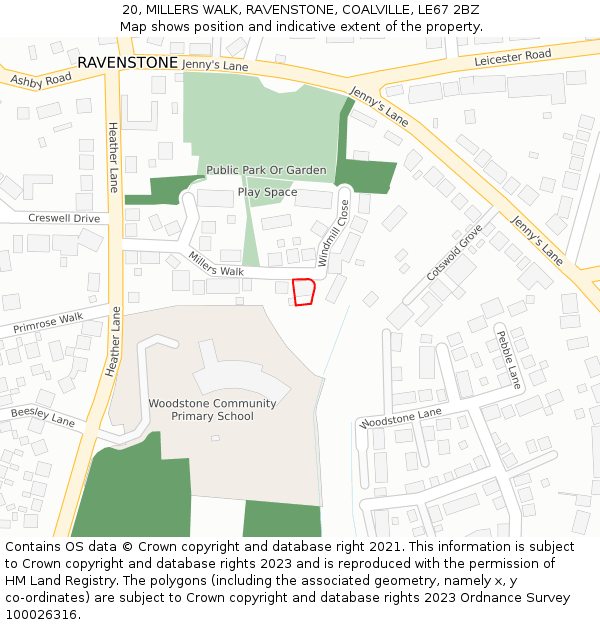 20, MILLERS WALK, RAVENSTONE, COALVILLE, LE67 2BZ: Location map and indicative extent of plot