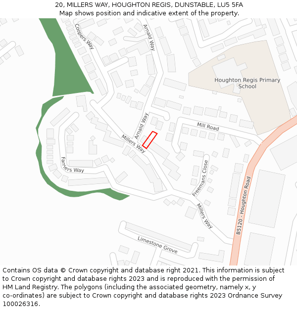 20, MILLERS WAY, HOUGHTON REGIS, DUNSTABLE, LU5 5FA: Location map and indicative extent of plot