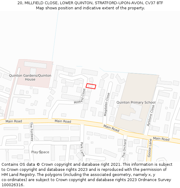 20, MILLFIELD CLOSE, LOWER QUINTON, STRATFORD-UPON-AVON, CV37 8TF: Location map and indicative extent of plot