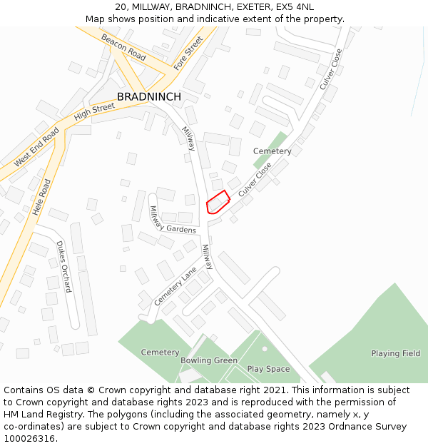 20, MILLWAY, BRADNINCH, EXETER, EX5 4NL: Location map and indicative extent of plot